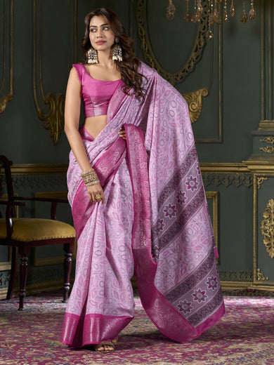 Fabulous Pink Foil Print Dola Silk Festival Wear Saree With Blouse