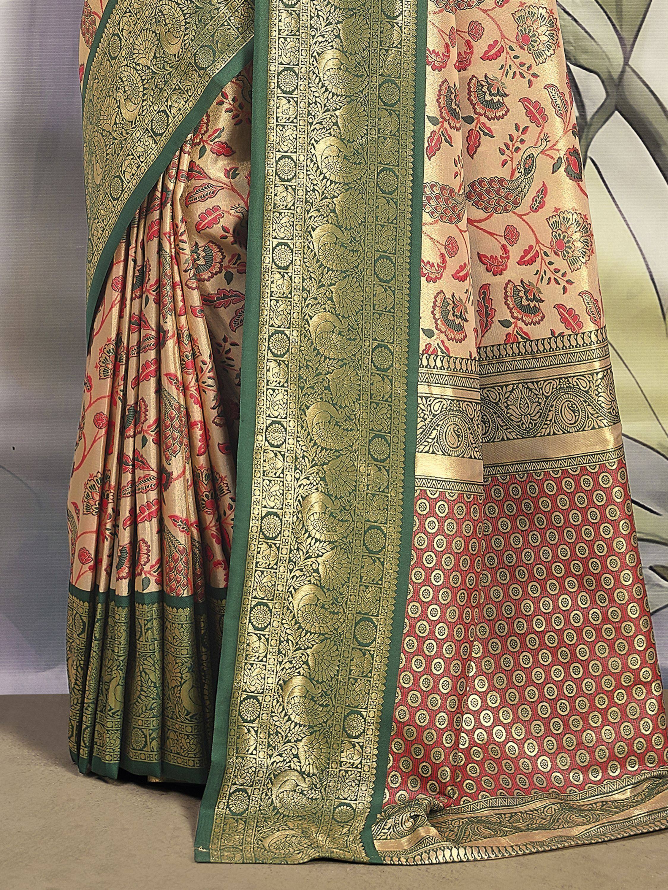 Elegant Indian saree with floral and peacock motifs, gold zari work, green border, and red patterned pallu.