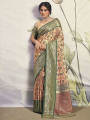 Wonderful Green Floral Printed Silk Event Wear Saree With Blouse