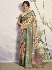 Wonderful Green Floral Printed Silk Event Wear Saree With Blouse