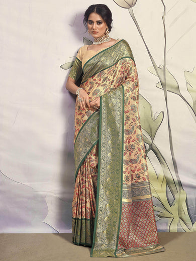 Wonderful Green Floral Printed Silk Event Wear Saree With Blouse