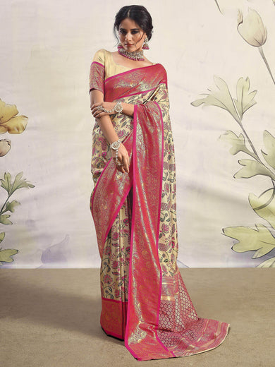 Beautiful Pink Floral Printed Silk Engagement Wear Saree With Blouse