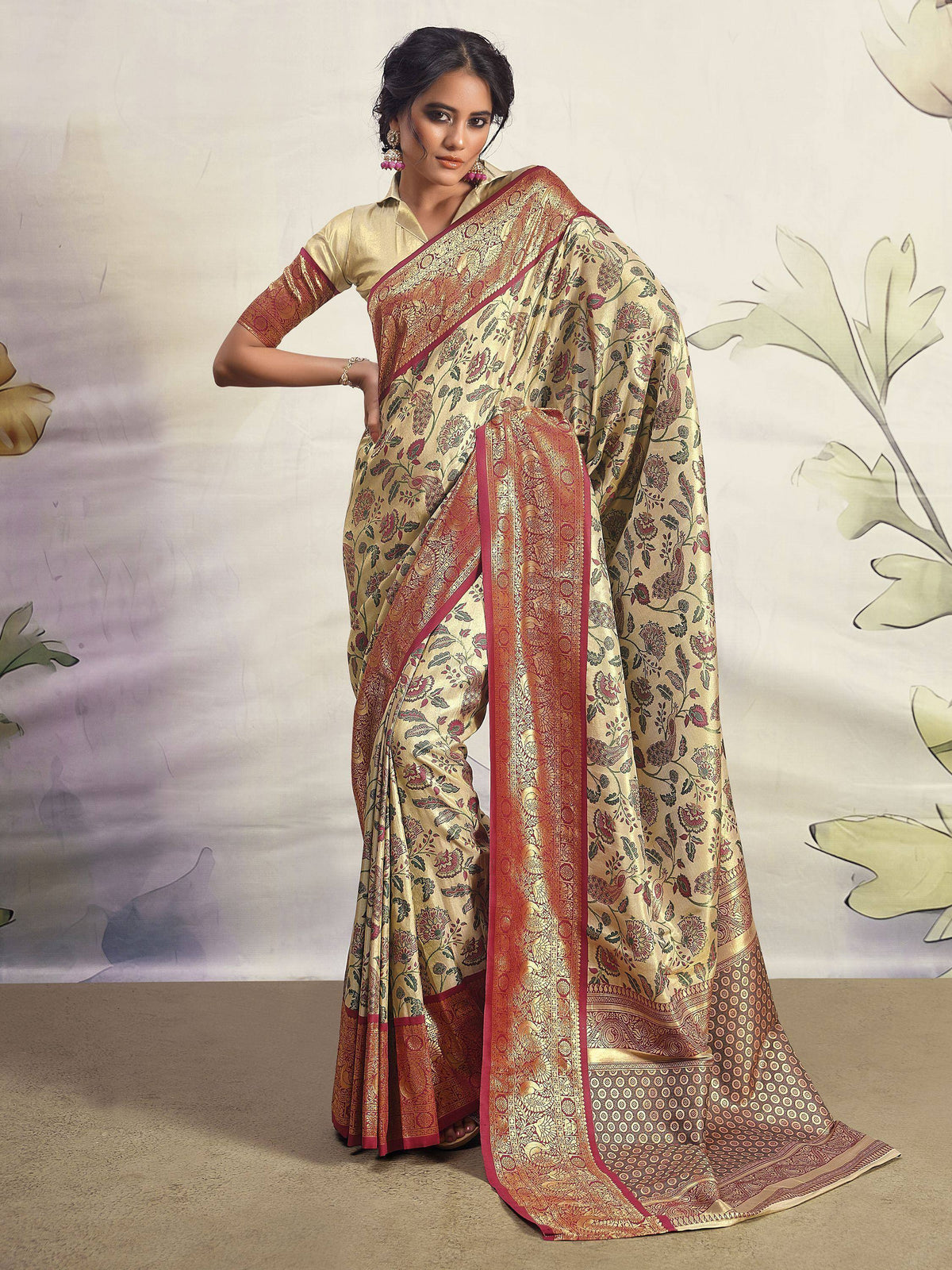 Elegant floral print saree with rich red border, perfect for Indian ethnic occasions