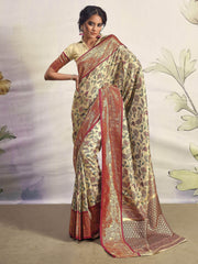 Striking Maroon Floral Printed Silk Function Wear Saree With Blouse