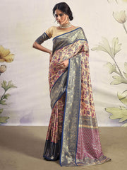 Gorgeous Navy Blue Floral Printed Silk Event Wear Saree With Blouse
