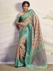Breathtaking Turquoise Blue Floral Printed Silk Festival Wear Saree