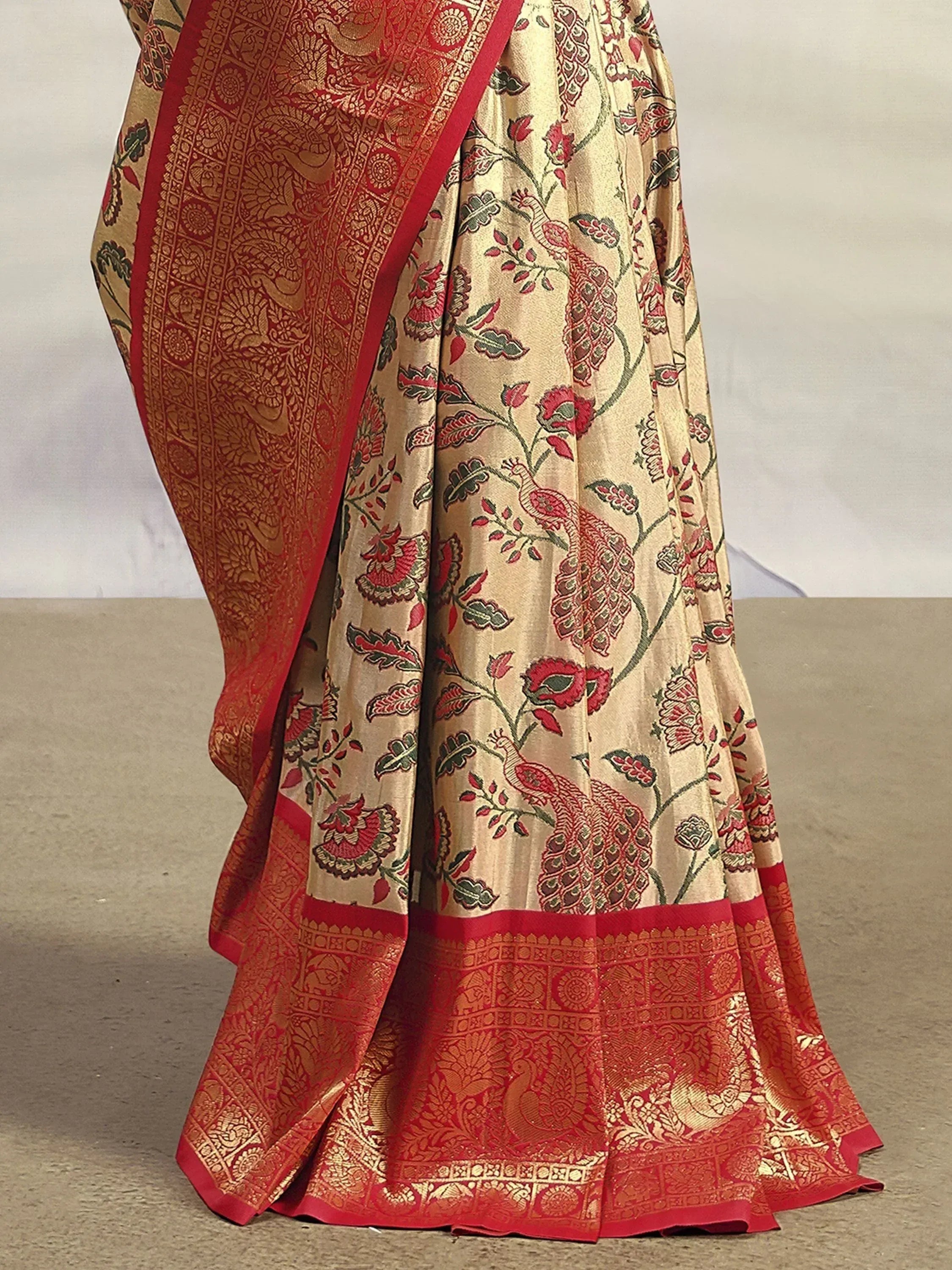 Beige and red floral peacock print saree with intricate border, Indian ethnic wear