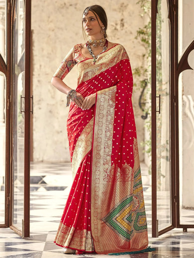 Beautiful Red Color Zari Weaving Silk Wedding Wear Saree With Blouse