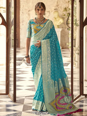 Captivating Sky Blue Zari Weaving Silk Function Wear Saree With Blouse