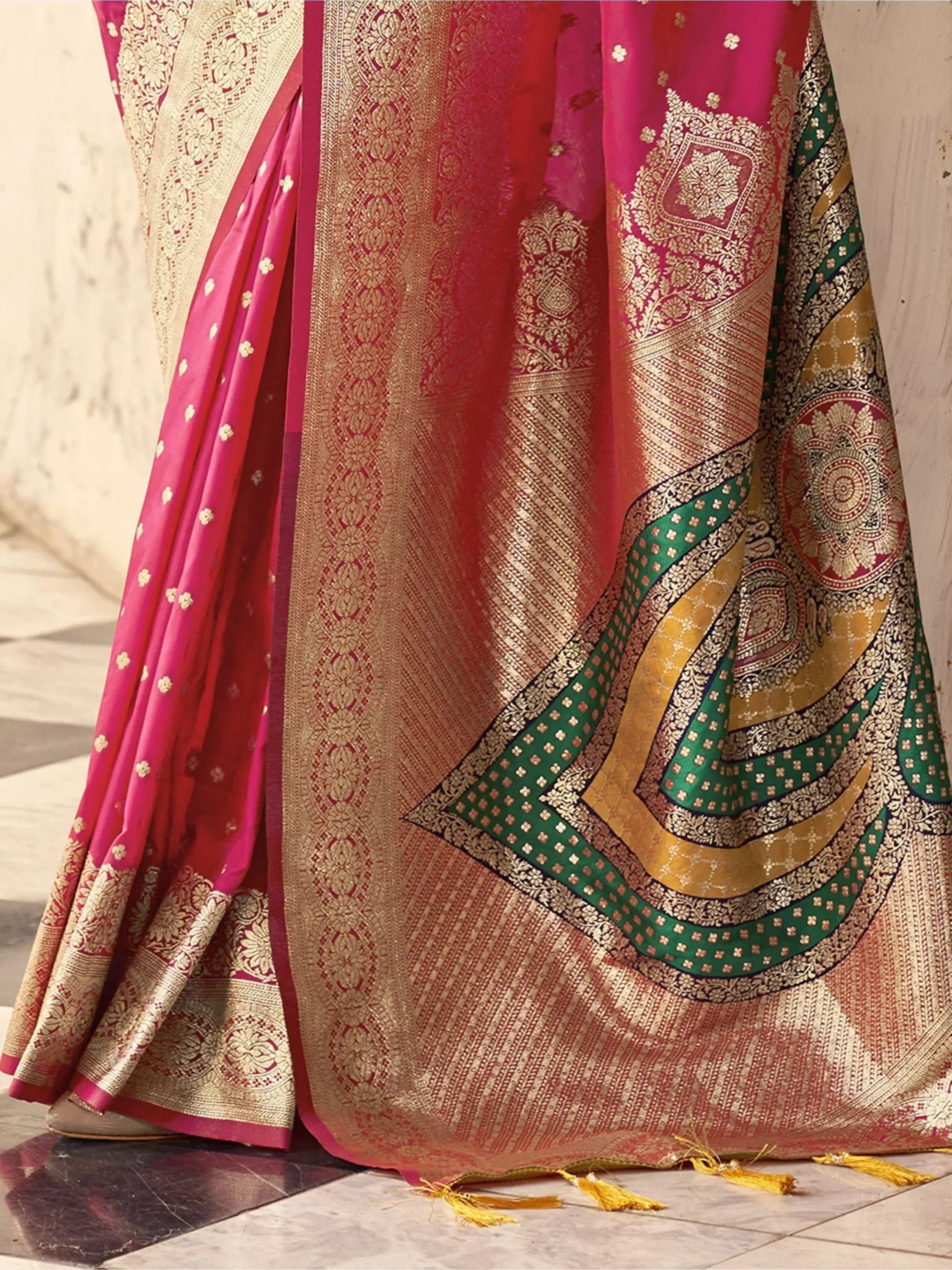 Enchanting Pink Zari Weaving Silk Wedding Wear Saree With Blouse