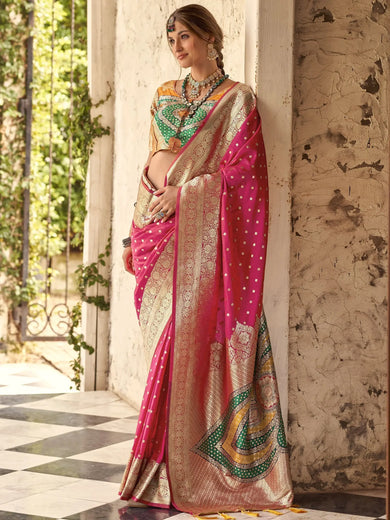 Enchanting Pink Zari Weaving Silk Wedding Wear Saree With Blouse