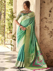 Superior Teal Green Zari Weaving Silk Function Wear Saree With Blouse