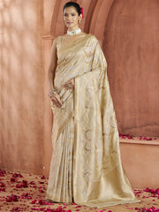 Attractive Cream Color Zari Weaving Banarasi Silk Wedding Wear Saree
