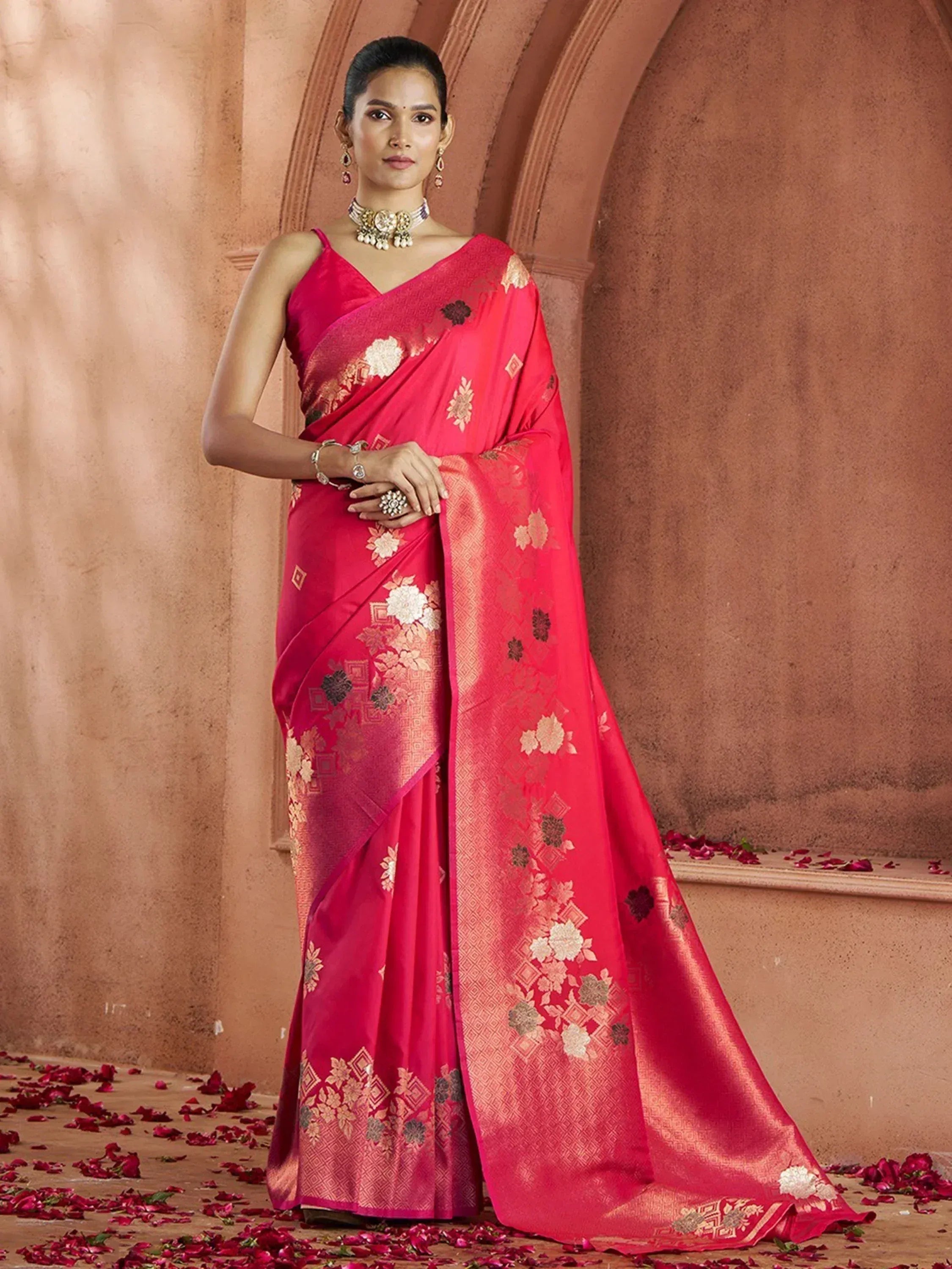 Pink floral designer saree with gold border, ethnic wear for women, perfect for weddings and festivals