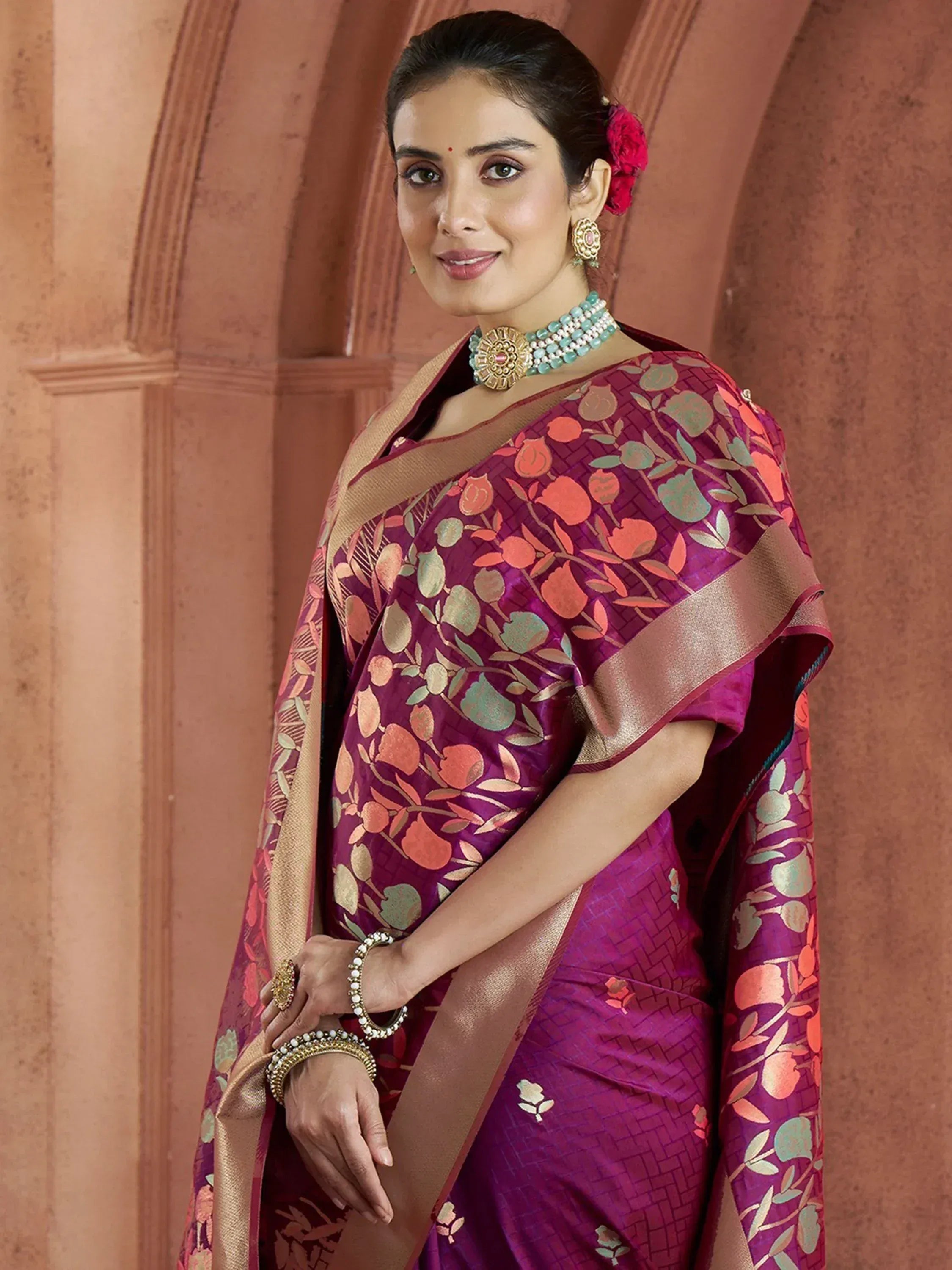 Purple floral designer saree with gold border, traditional Indian ethnic wear for women