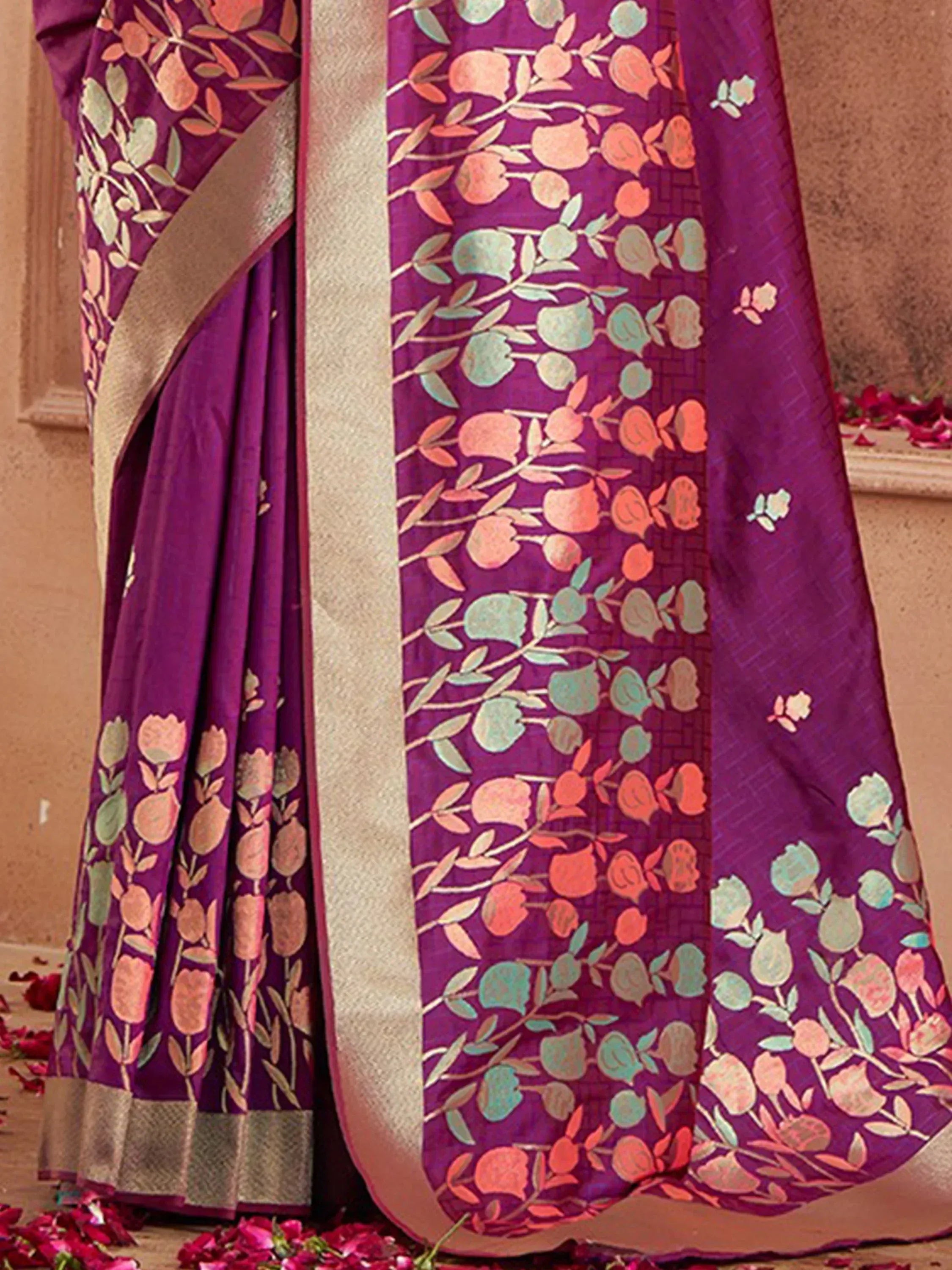 Purple floral saree with gold border, Indian ethnic wear for women