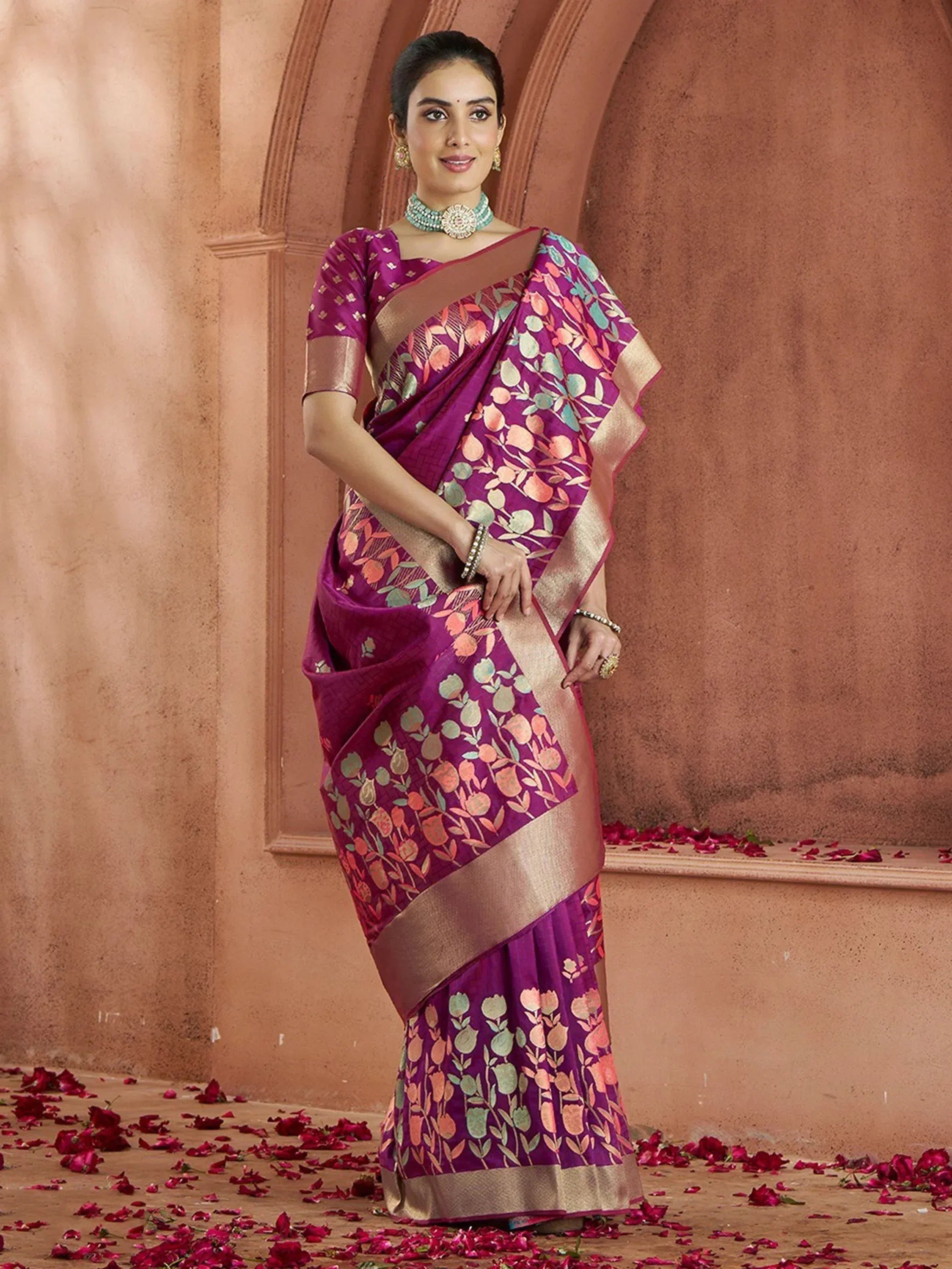Purple floral print saree with gold border, ethnic Indian wear for women
