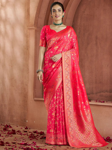 Appealing Coral Red Zari Weaving Banarasi Silk Event Wear Saree