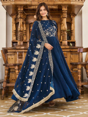 Lovely Navy Blue Embroidered Georgette Wedding Wear Gown With Dupatta