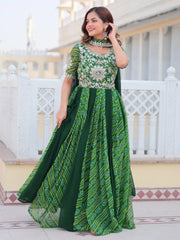Woman in a green ethnic gown with embroidered bodice and patterned skirt, Ethnic Plus fashion