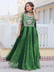 Stunning Green Bandhani Printed Georgette Festival Wear Gown