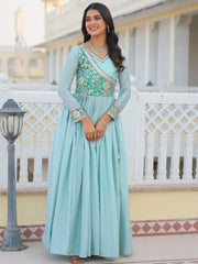 Gorgeous Blue Bandhani Printed Chinon Function Wear Gown