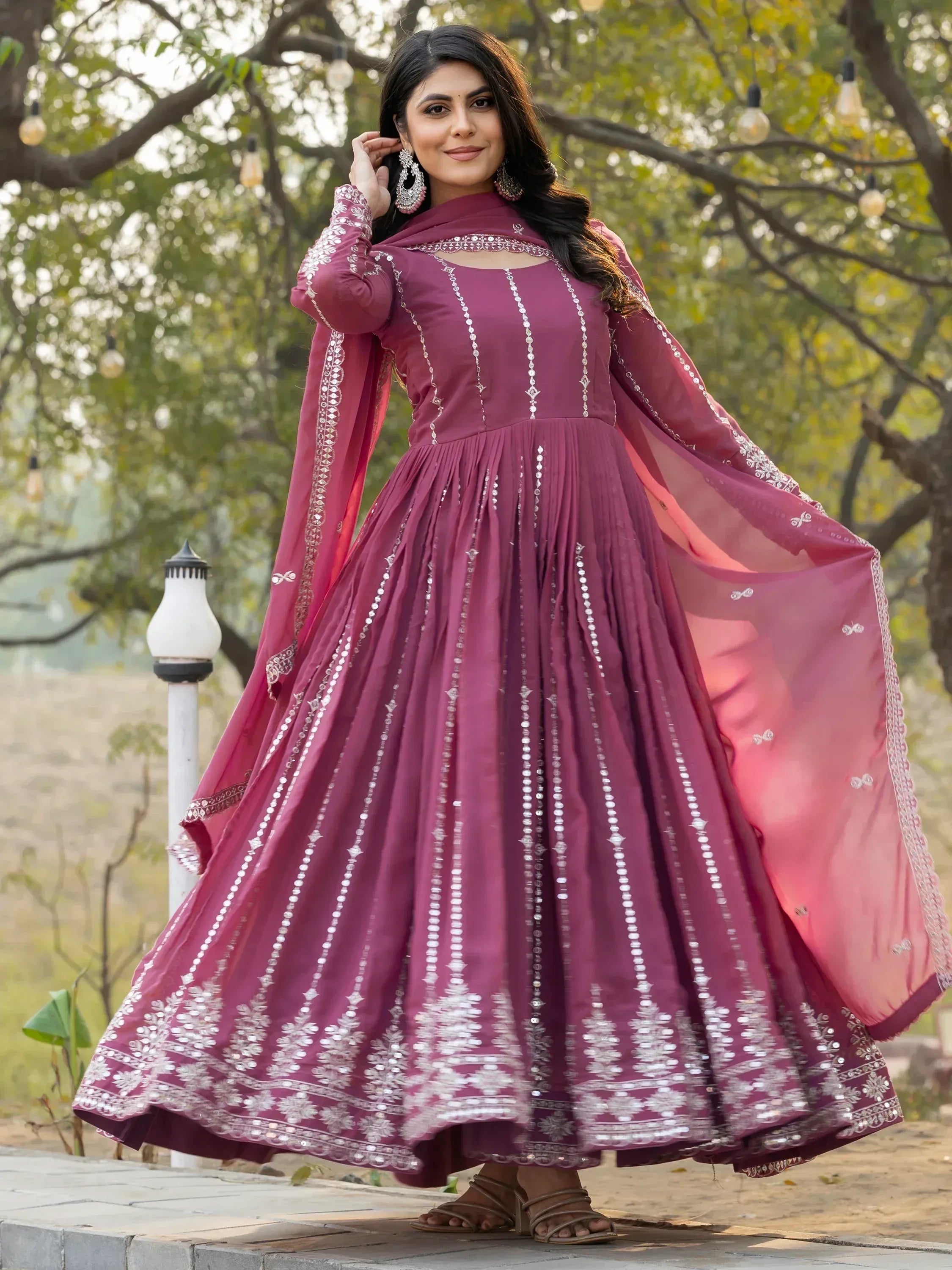 Elegant maroon anarkali with silver mirror work, perfect for Indian ethnic wear occasions