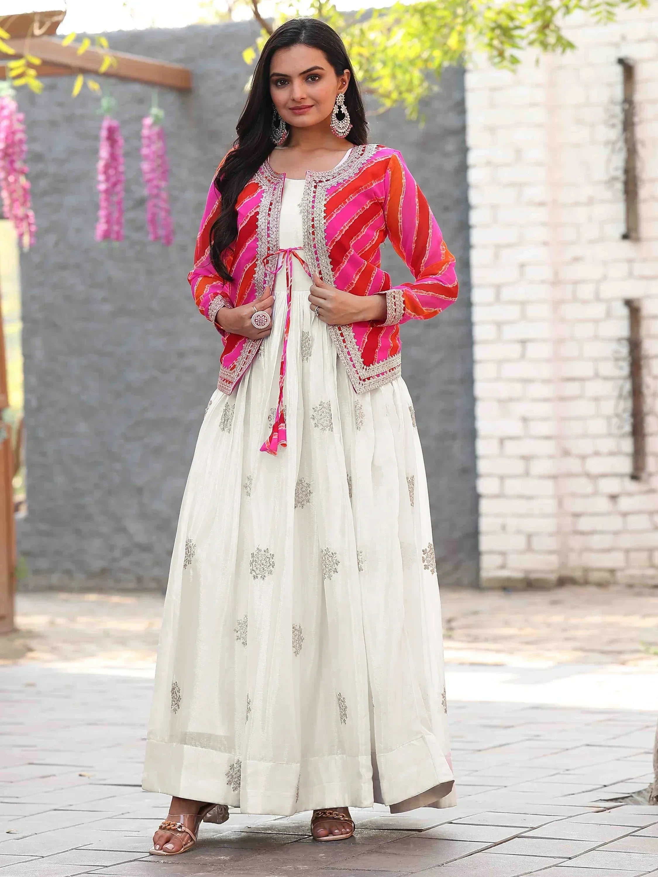 White embroidered anarkali with pink and orange striped jacket, ethnic wear for women