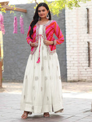 Precious Off-White Chinon Gown With Leheriya Printed Jacket