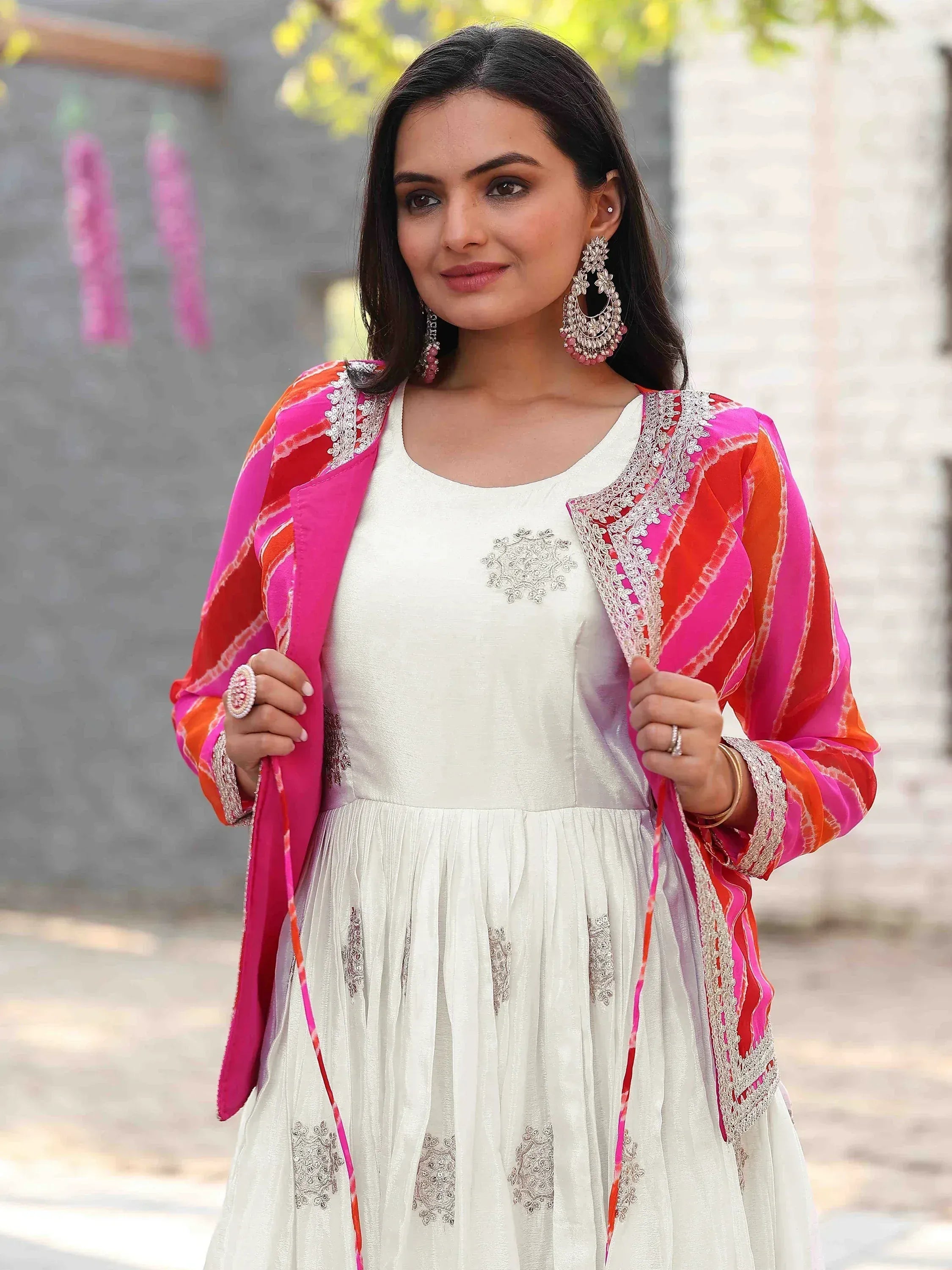 White embroidered anarkali with pink orange tie-dye dupatta, ethnic Indian wear