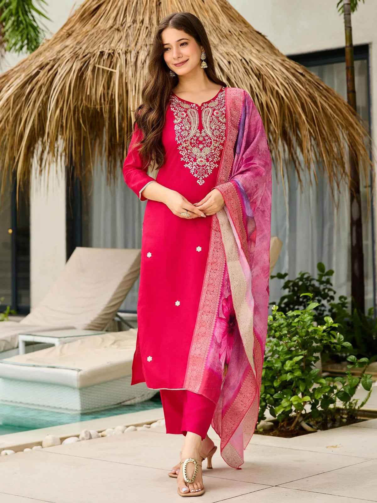 Pink embroidered salwar kameez with floral dupatta, perfect for Indian ethnic wear occasions