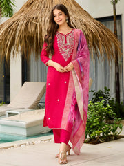 Tantalizing Pink Viscose Sequins Festival Wear Straight Suit