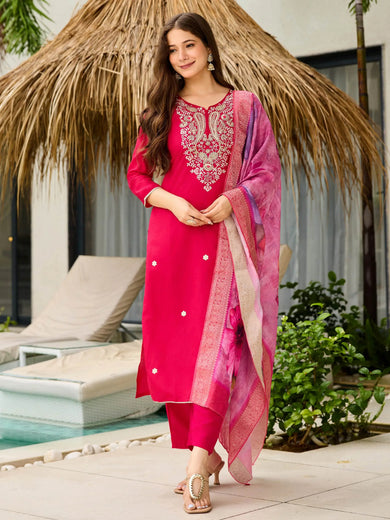 Tantalizing Pink Viscose Sequins Festival Wear Straight Suit