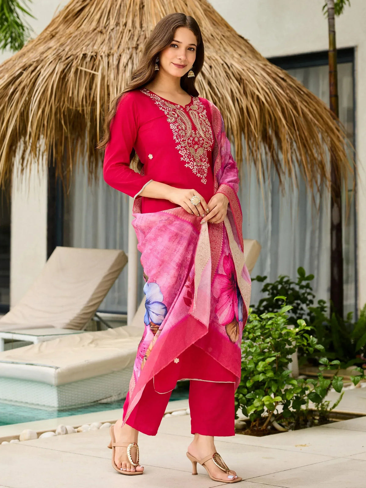 Pink embroidered salwar kameez with floral dupatta, perfect for Indian ethnic wear occasions