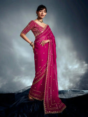 Elegant Rani Pink Khatli Work Organza Wedding Wear Saree With Blouse