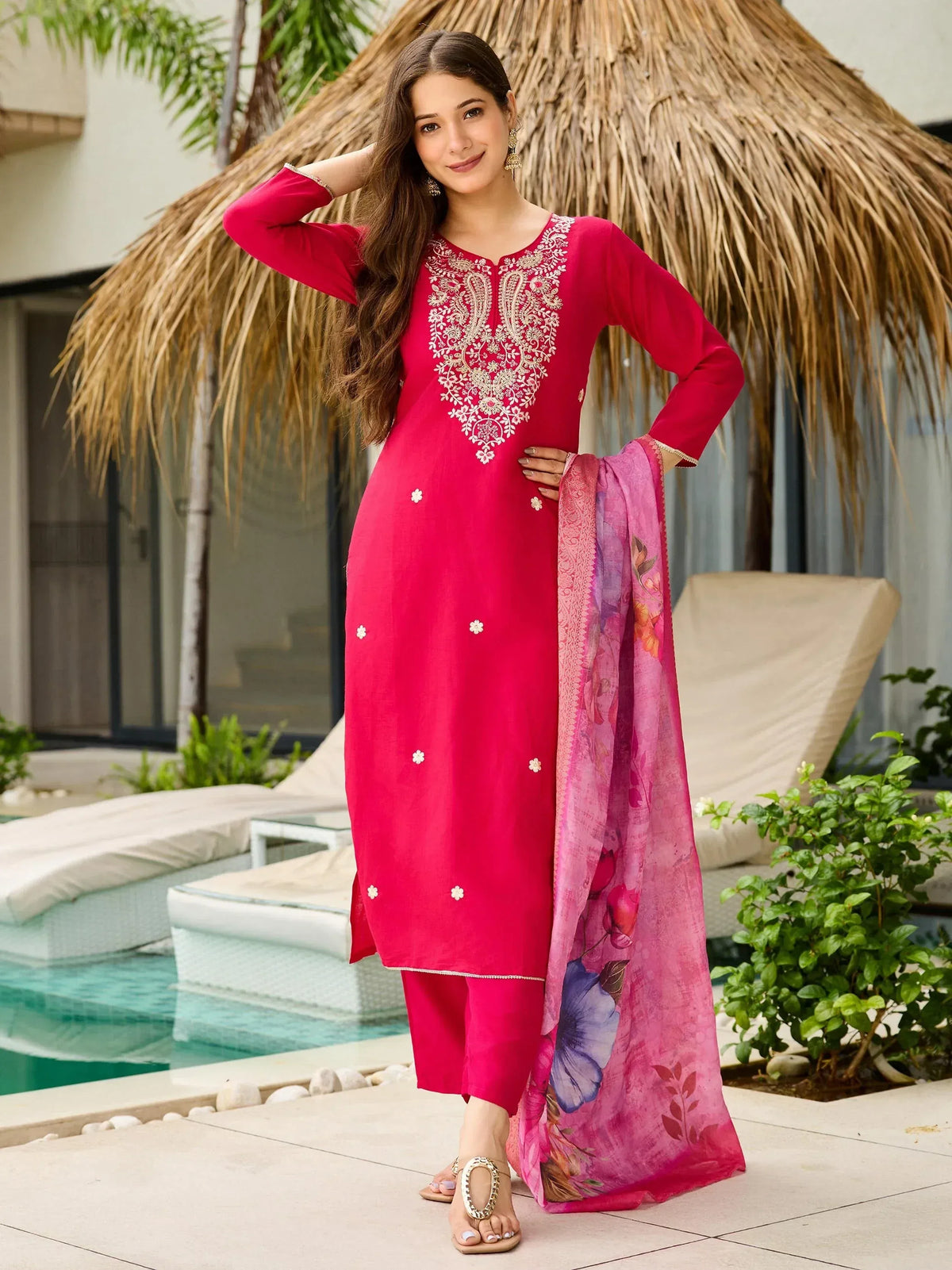 Pink embroidered salwar kameez with floral dupatta, perfect for Indian ethnic wear occasions