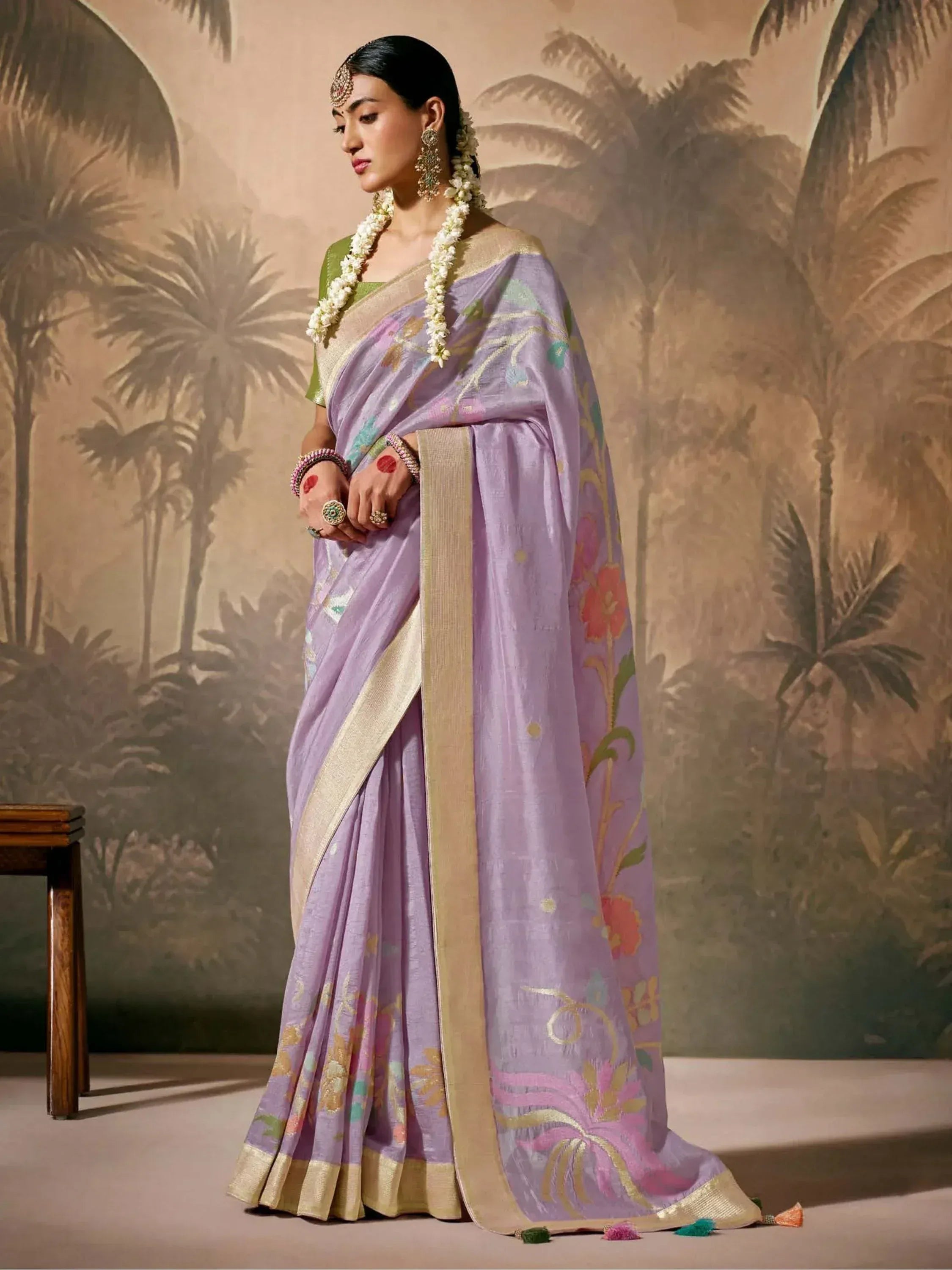 Lavender floral saree with gold border, traditional Indian ethnic wear, perfect for weddings and festivals
