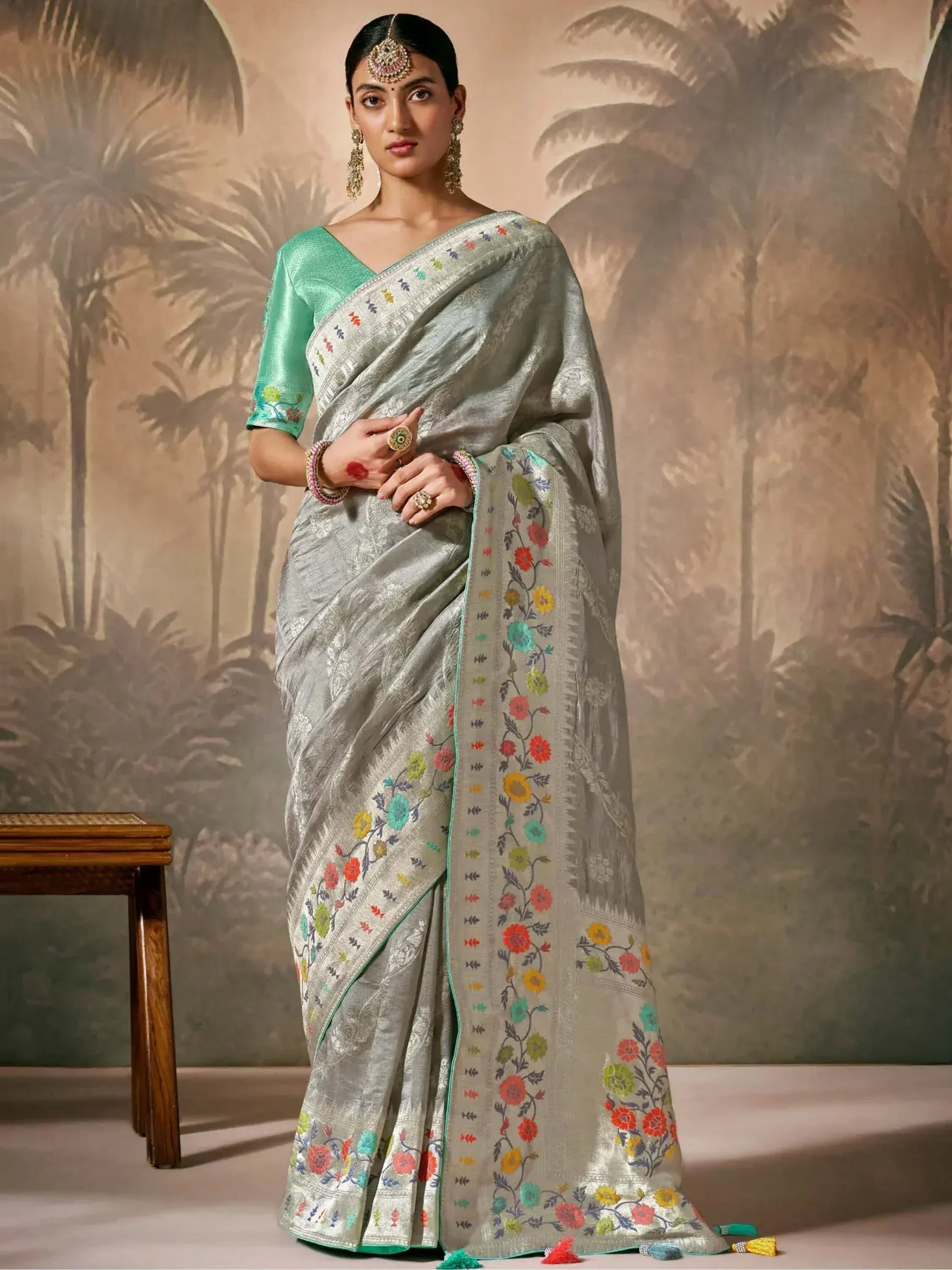 Silver floral embroidered saree with mint green blouse, Indian ethnic wear for women
