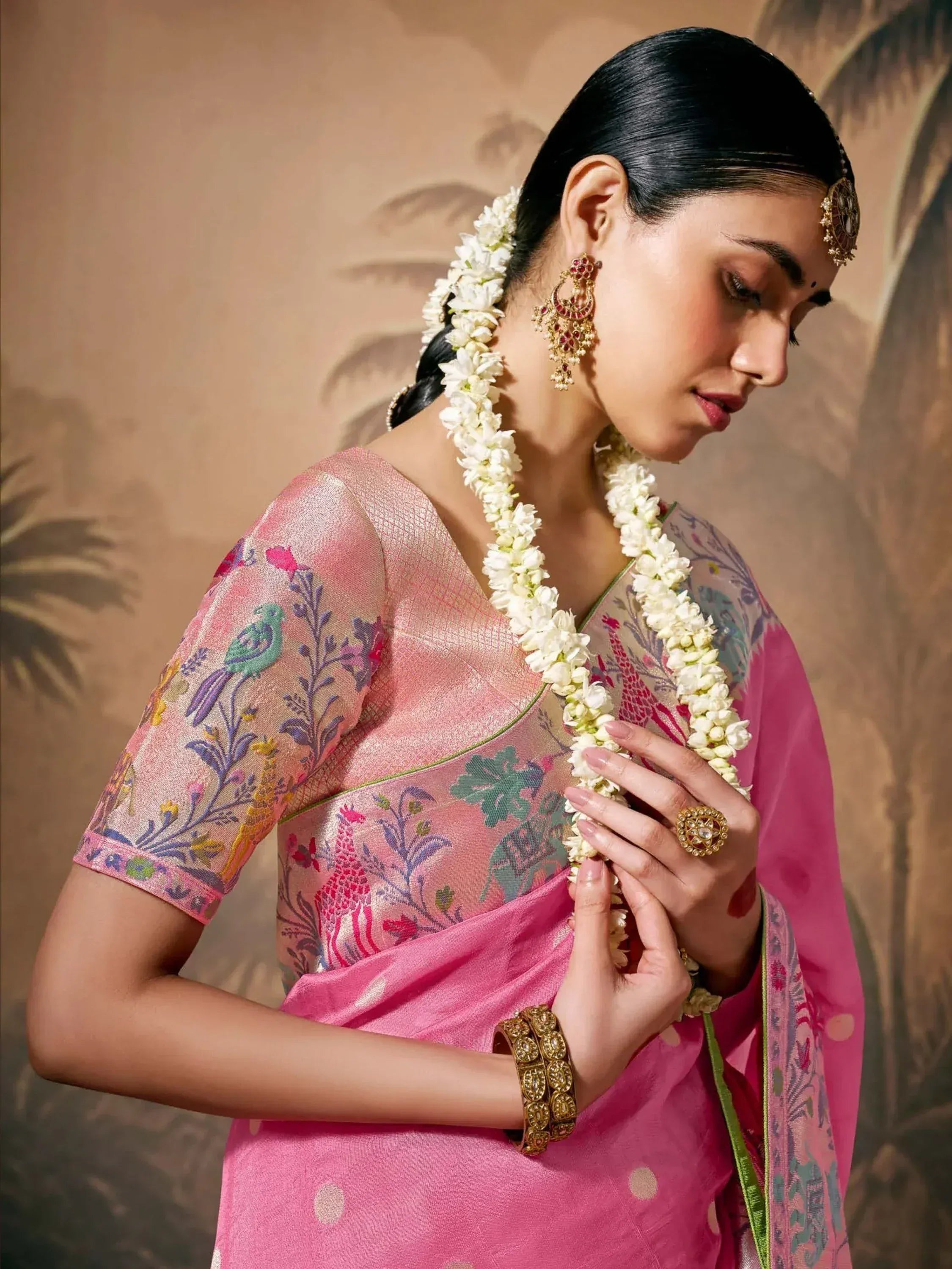 Marvelous Pink Color Weaving Silk Engagement Wear Saree With Blouse