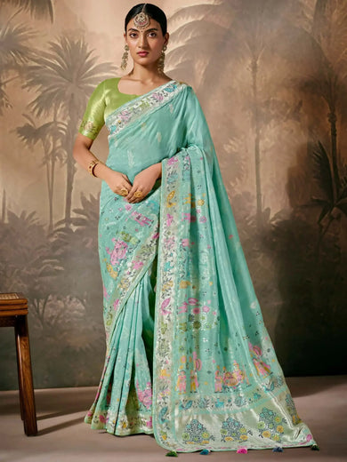 Amazing Mint Green Weaving Silk Wedding Wear Saree With Blouse