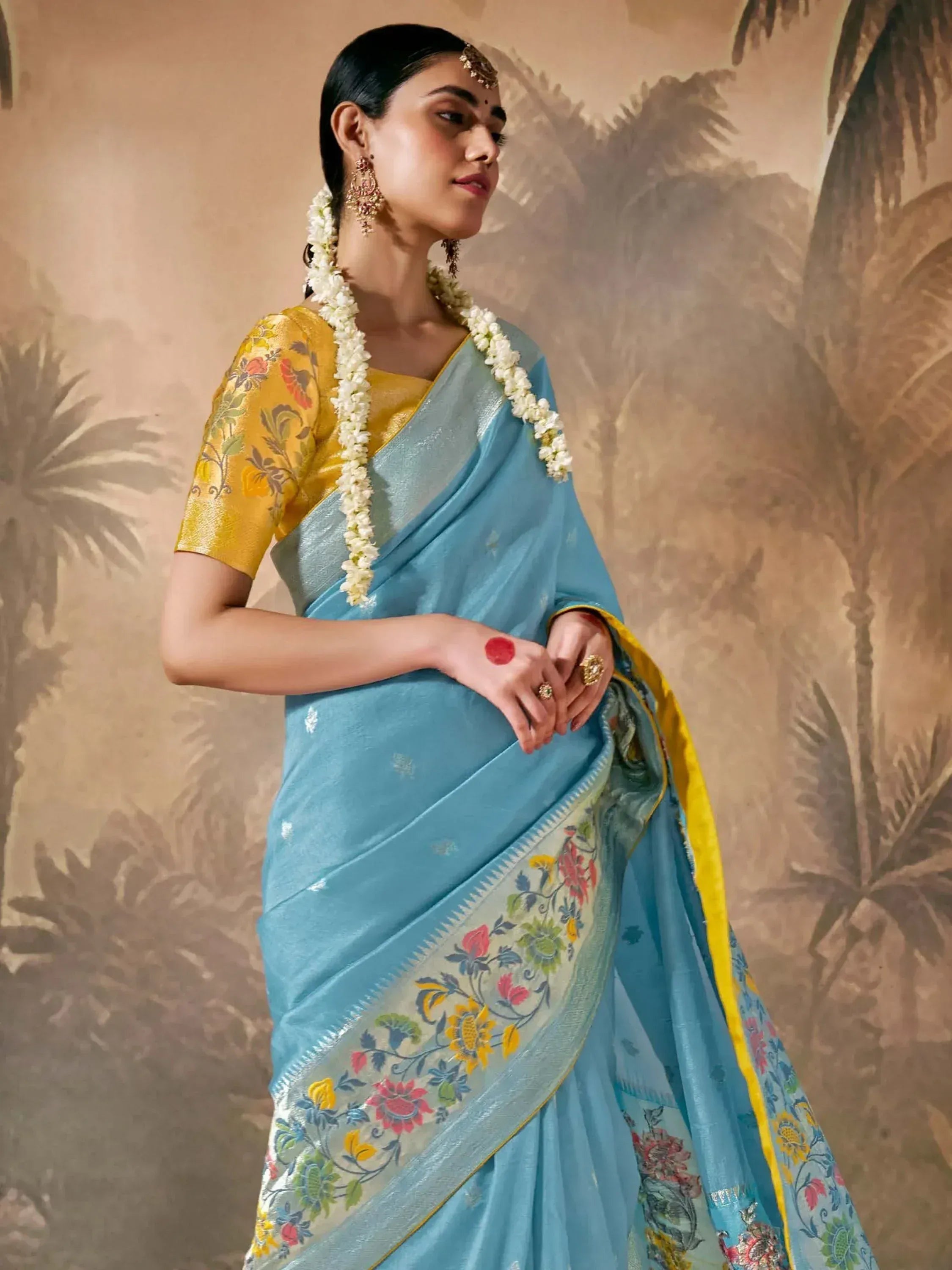 Blue floral saree with yellow blouse, traditional Indian ethnic wear for women