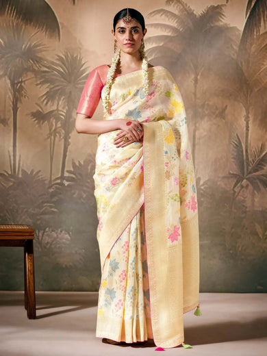 Incredible Cream Color Weaving Silk Event Wear Saree With Blouse