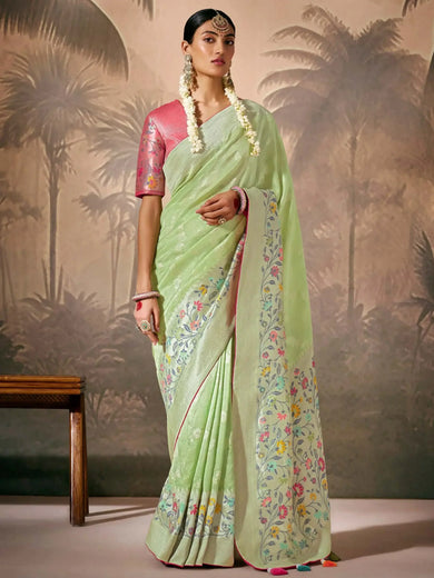 Fantastical Pista Green Weaving Silk Wedding Wear Saree With Blouse