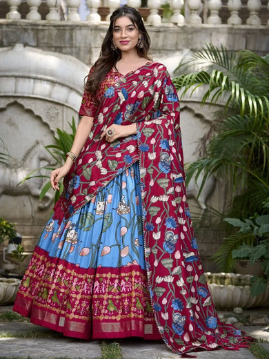 Ravishing Blue Printed Silk Navratri Wear Lehenga Choli With Dupatta - Ethnic Plus In