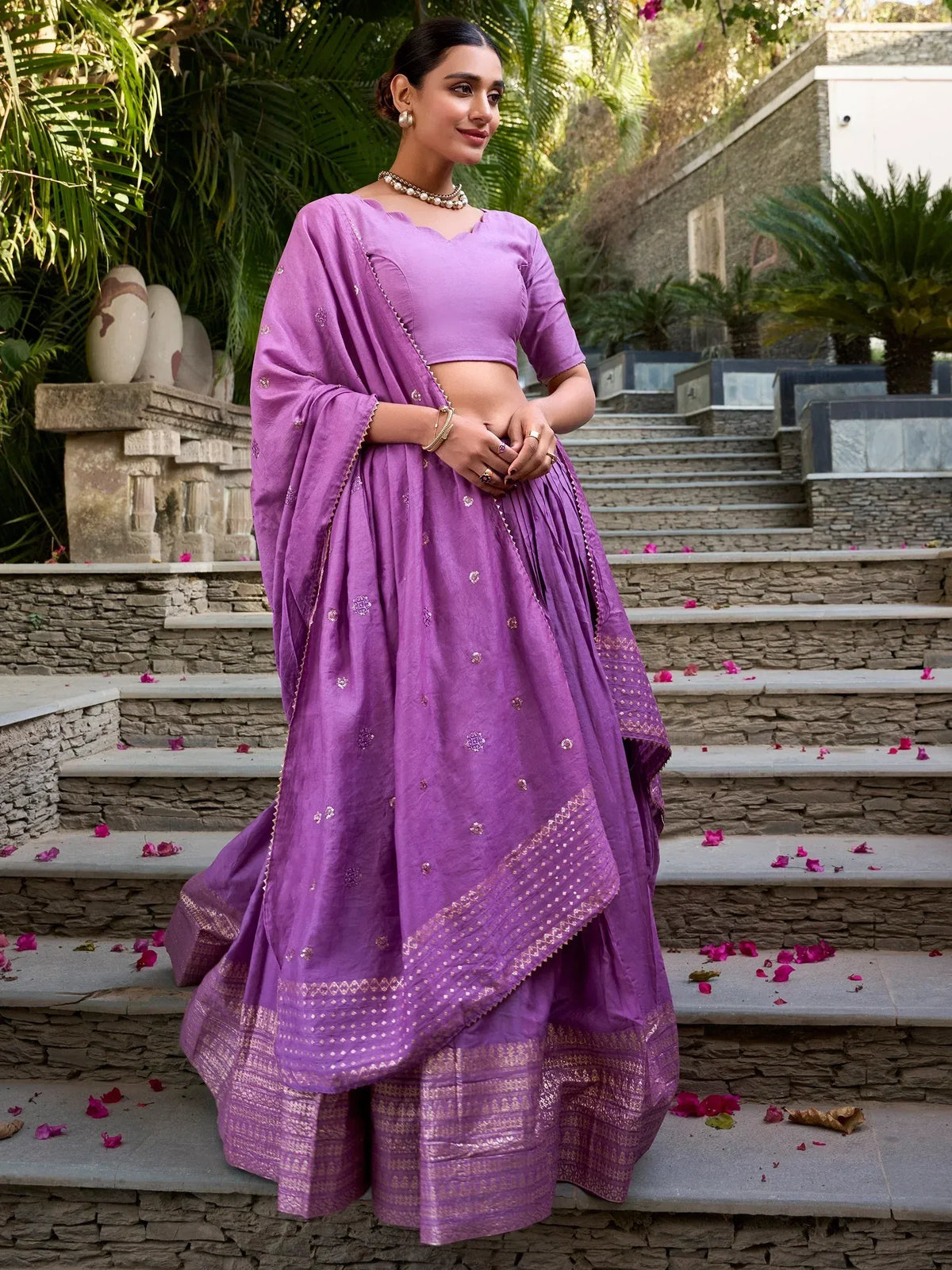 Purple designer lehenga choli with gold embroidery, perfect for Indian ethnic wear occasions
