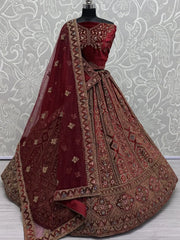 Ravishing Maroon Embroidered Velvet Bridal Lehenga Choli With Double Dupatta - Ethnic Plus In