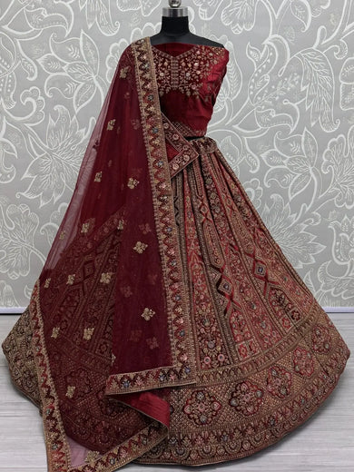 Ravishing Maroon Embroidered Velvet Bridal Lehenga Choli With Double Dupatta - Ethnic Plus In