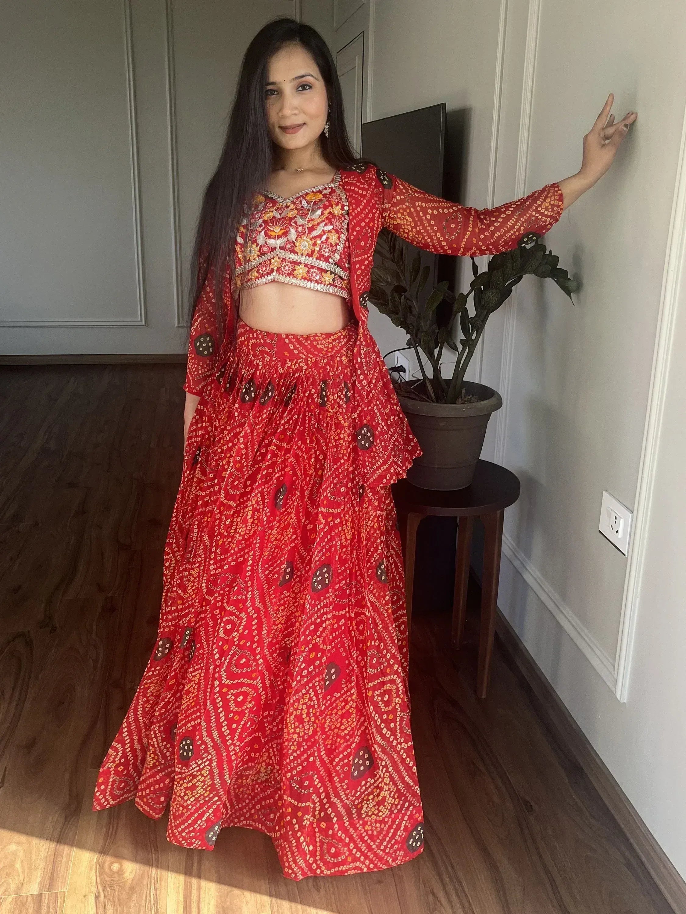 Red printed lehenga choli with floral embroidery, Indian ethnic wear for women
