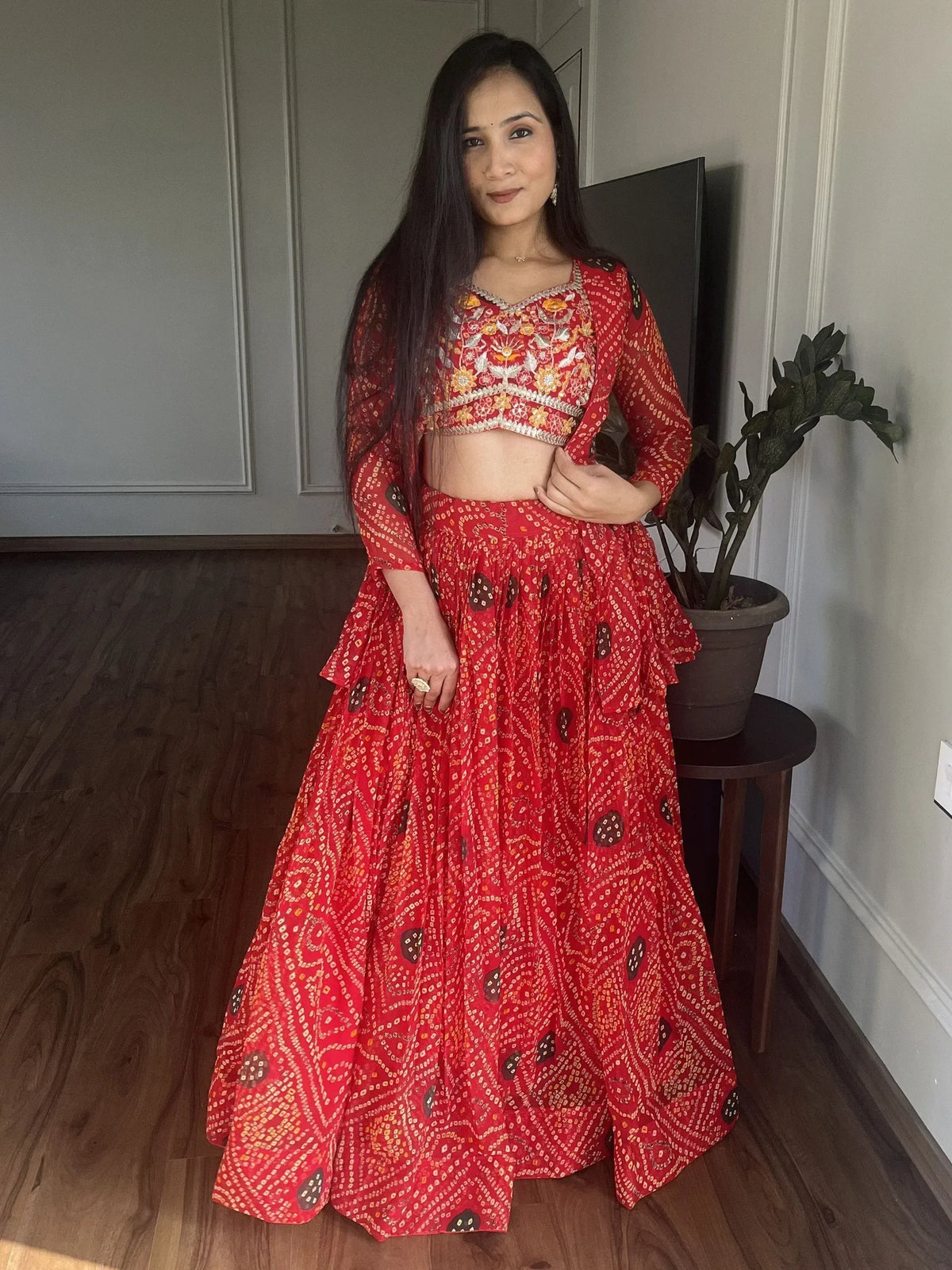 Red printed lehenga choli with floral embroidery, ethnic wear for women