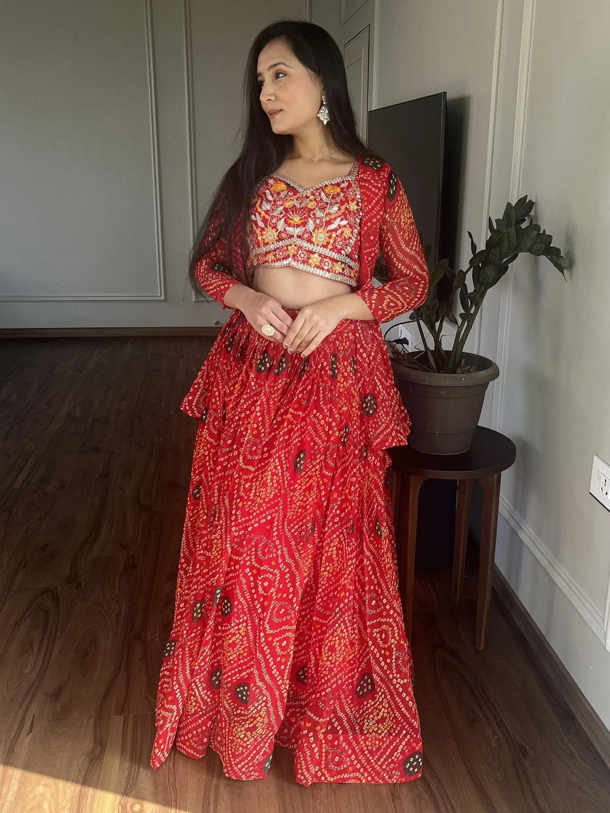 Red printed lehenga choli with floral embroidery, Indian ethnic wear for women